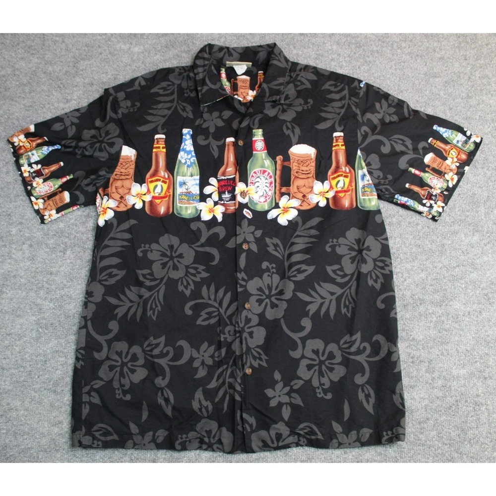 Men's‎ Winnie Fashions Hawaiian Shirt Black Short Sleeve Beer Bottles Hibiscus